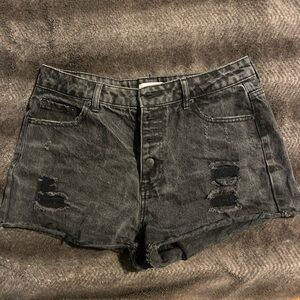 Black distressed denim shorts